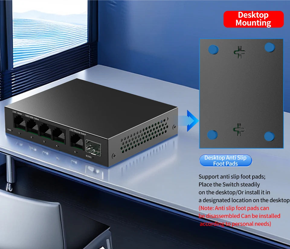 Switch 2.5GbE HORACO 6 Portas - 5x 2.5GBASE-T RJ45 + 1x 10G SFP+ Plug & Play Home Lab NAS