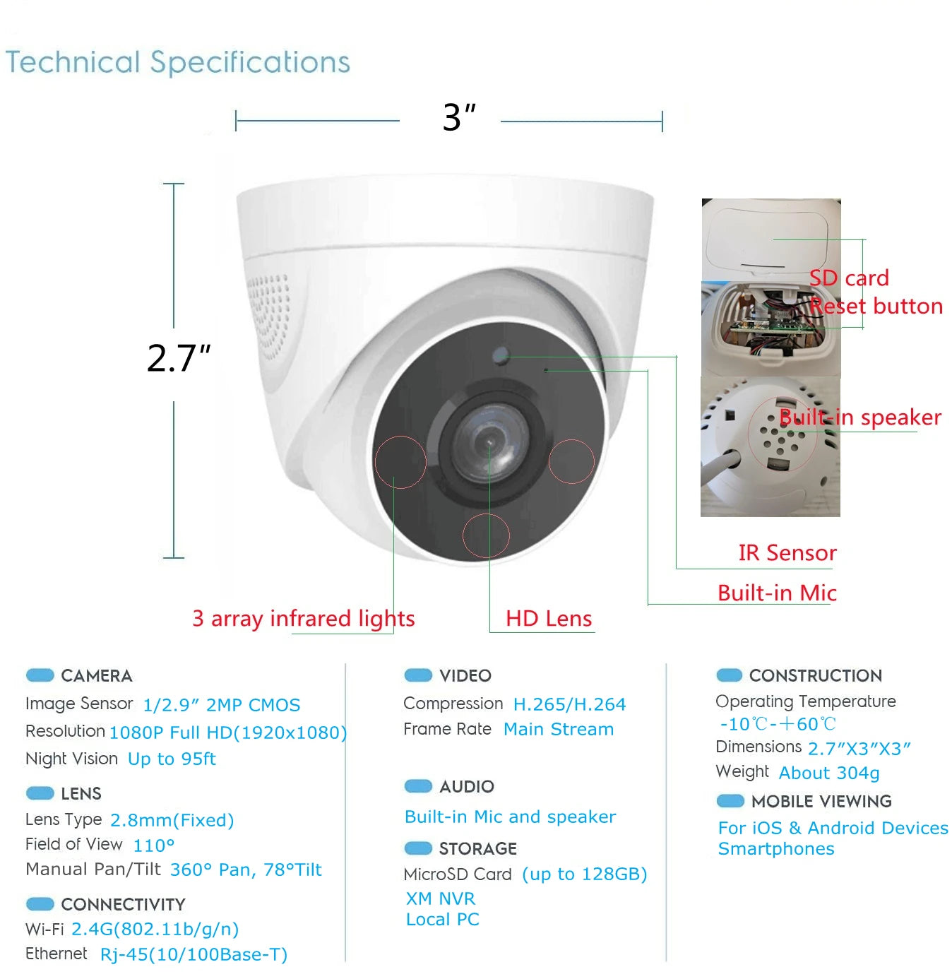 Câmera IP Dome XM 2MP WiFi - Áudio Bidirecional - Detecção Humana - Visão Noturna 30m - Interna