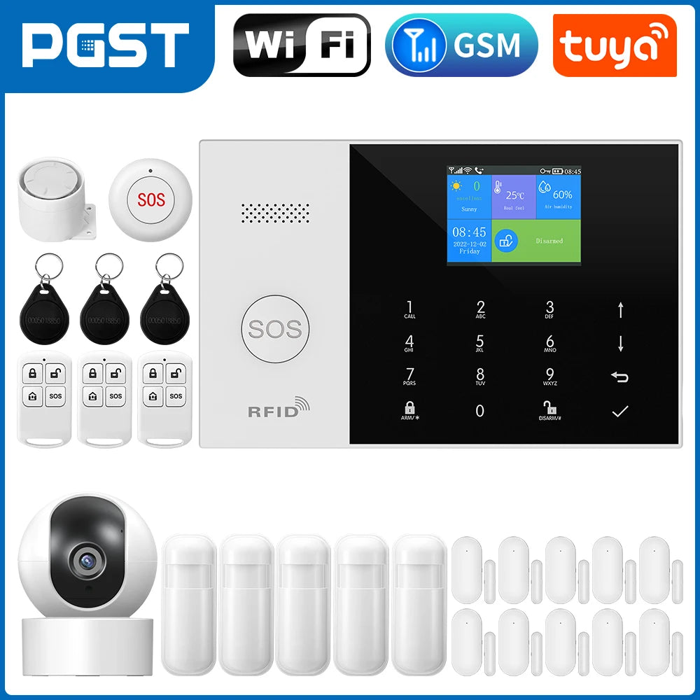 Pgst residencial tuya inteligente gsm wifi sistema de alarme para casa alarme segurança sem fio casa vida inteligente app controle trabalho com alexa