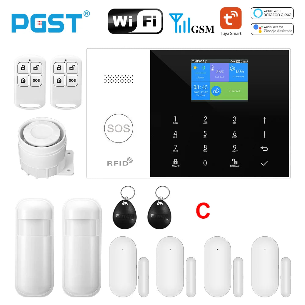 Pgst residencial tuya inteligente gsm wifi sistema de alarme para casa alarme segurança sem fio casa vida inteligente app controle trabalho com alexa