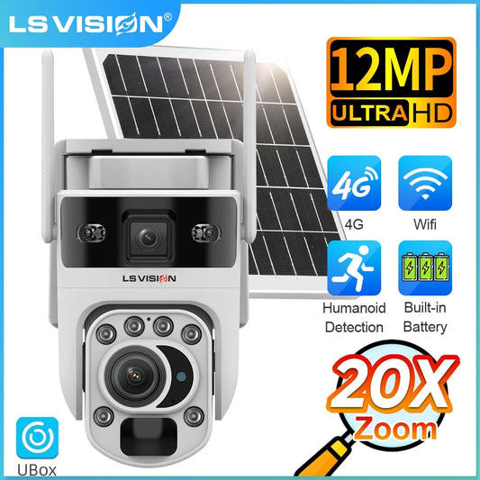 Câmera Solar 4K com Zoom Óptico 20X e Rastreamento Automático | Tela Dupla 4G/WiFi | LS Vision 12MP
