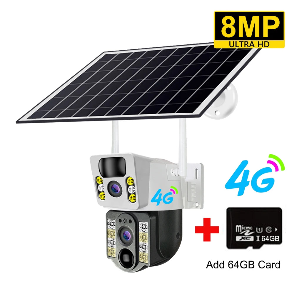 Câmera Solar 4K 8MP V380 - Lente Dupla - 4G/WiFi - PTZ 355° - Visão Noturna Colorida - PIR