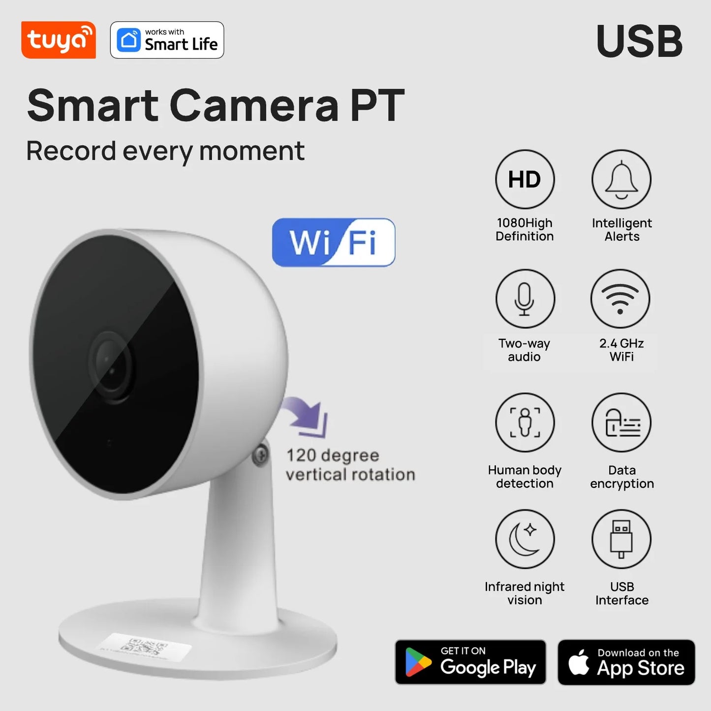 Câmera de Segurança Tuya Smart 1080p Full HD WiFi com Rastreamento de Movimento, Áudio Bidirecional para Bebês e Pets