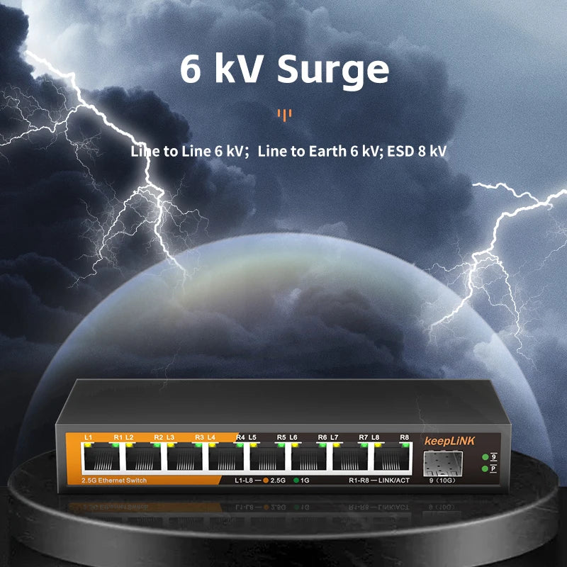 Switch 2.5Gbps KeepLiNK 9 Portas Fanless - 8x 2.5G RJ45 + 1x 10Gb SFP+ 60Gbps VLAN Metal