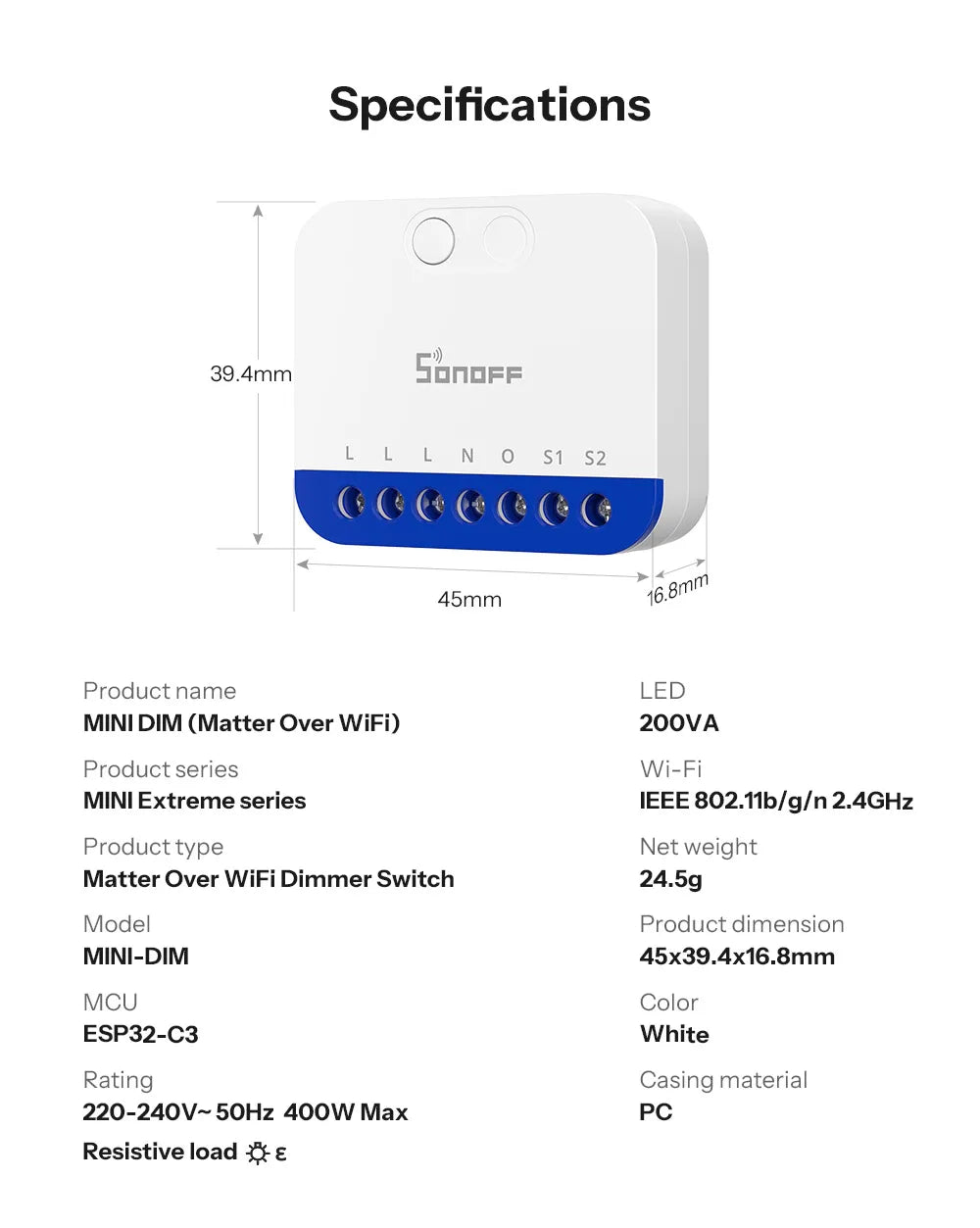 Dimmer Inteligente WiFi Matter MINI-DIM Extreme Sem Cintilação Monitoramento Energia 220-240V SONOFF
