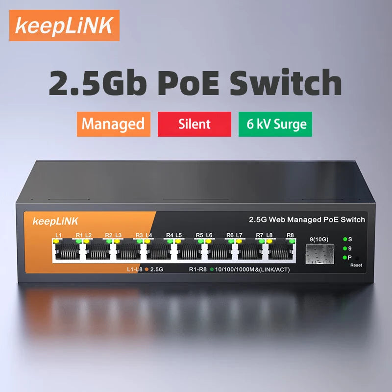 Switch Gerenciado KeepLiNK KP-9000 PoE+ 9 Portas 8x 2.5Gb PoE 130W + 1x 10Gb SFP+ Web Managed VLAN QoS - KeepLiNK