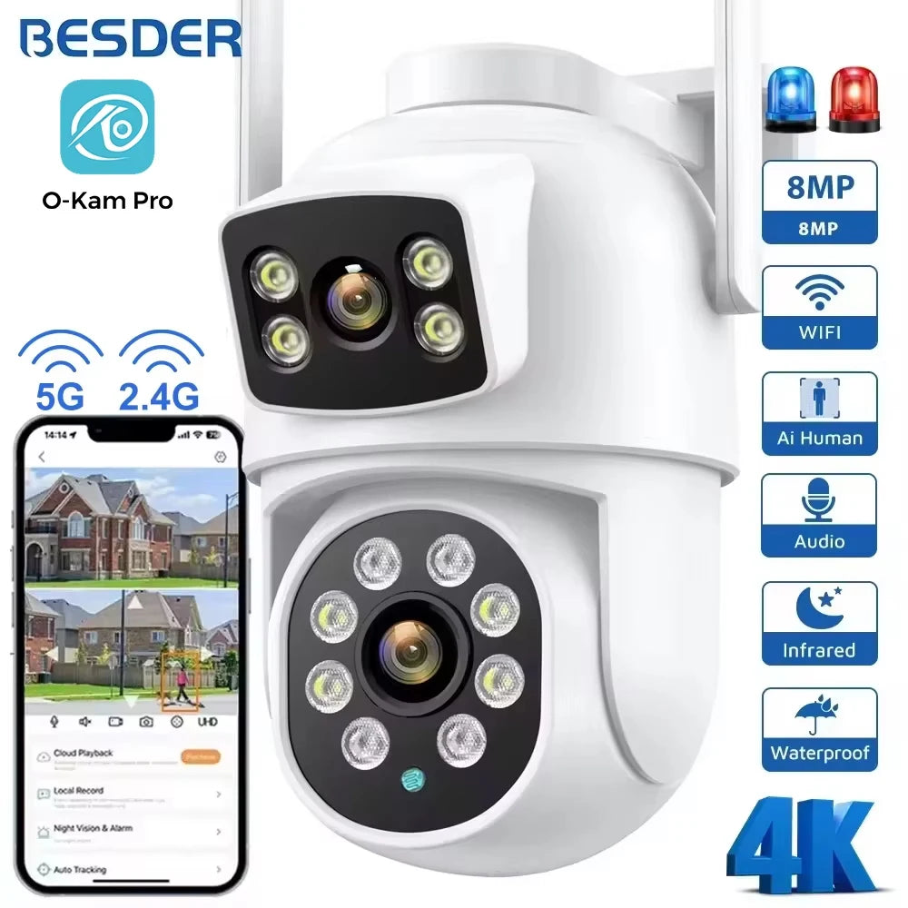 Câmera IP WiFi BESDER 10MP Lente Dupla PTZ 360° Tela Dupla Detecção Humana Visão Noturna Colorida IP66 App O-Kam Pro - BESDER