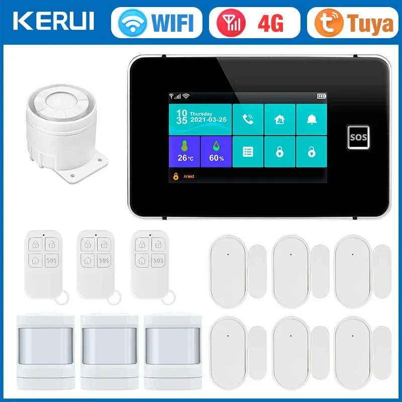 Central de Alarme KERUI G64B 4G WiFi Tela Touch 4.3" com Tuya Smart 100 Zonas Temperatura Umidade - KERUI