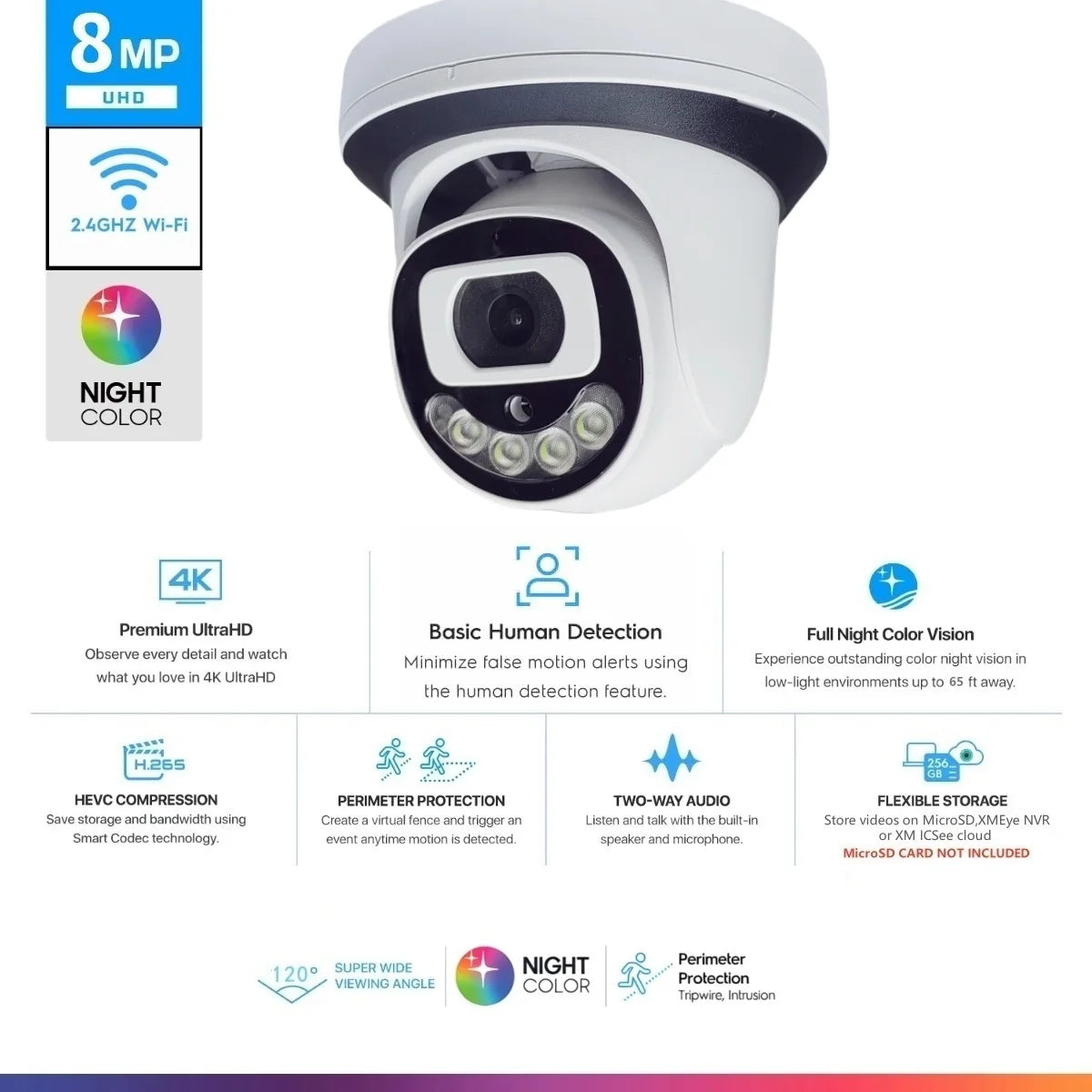 Câmera Dome WiFi 4MP/5MP/8MP | Visão Noturna Colorida, Detecção Humana e Áudio Bidirecional – XM ICSee