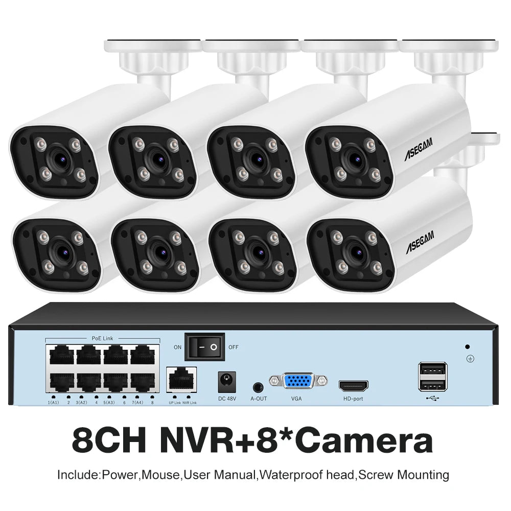 Kit Câmera de Segurança 8MP 4K com NVR 8 Canais Detecção Humana IA Áudio Visão Noturna Colorida IP67 - ASECAM