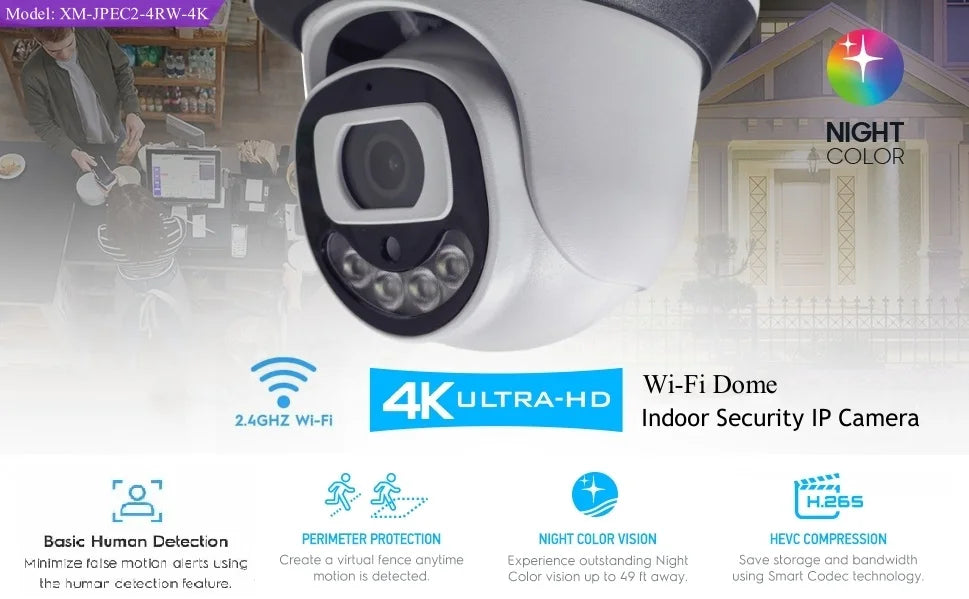 Câmera Dome WiFi 4MP/5MP/8MP | Visão Noturna Colorida, Detecção Humana e Áudio Bidirecional – XM ICSee