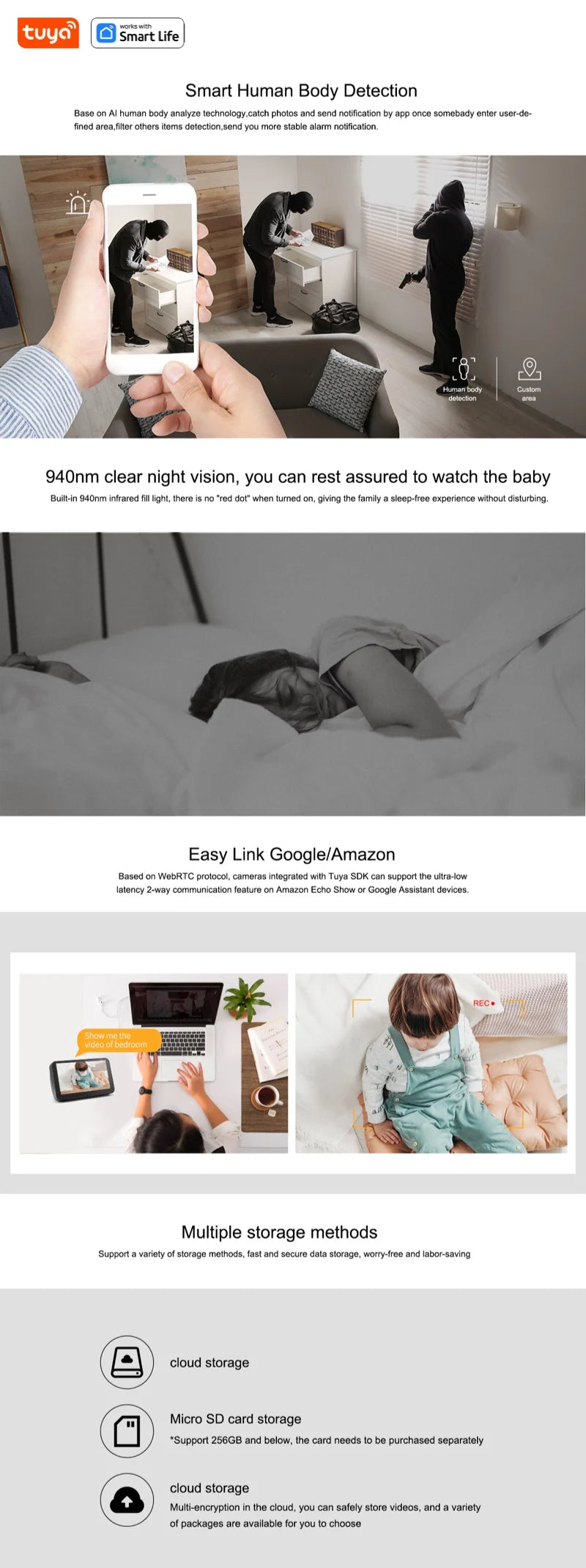 Câmera de Segurança Tuya Smart 1080p Full HD WiFi com Rastreamento de Movimento, Áudio Bidirecional para Bebês e Pets