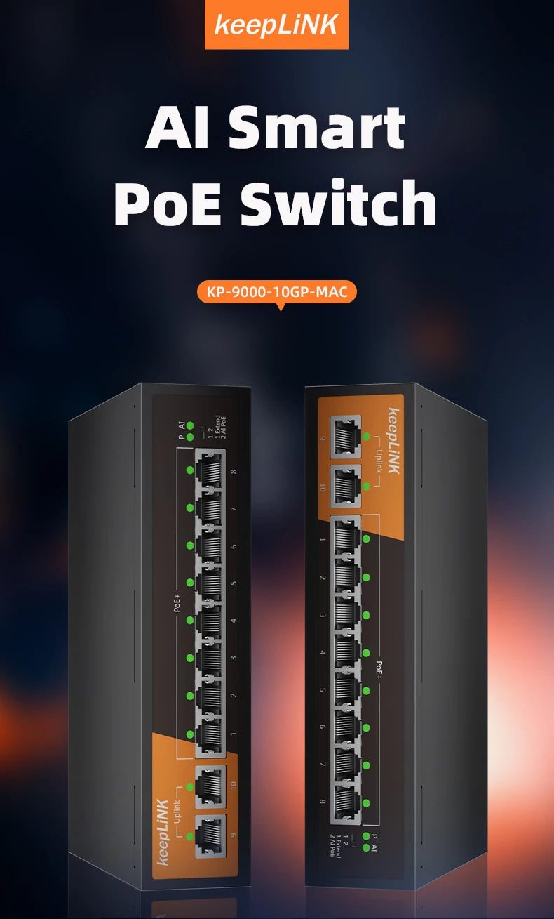 Switch Gigabit PoE KeepLiNK 10 Portas - 8 PoE+ 2 Uplink IEEE 802.3af/at 135W Plug & Play Câmeras IP
