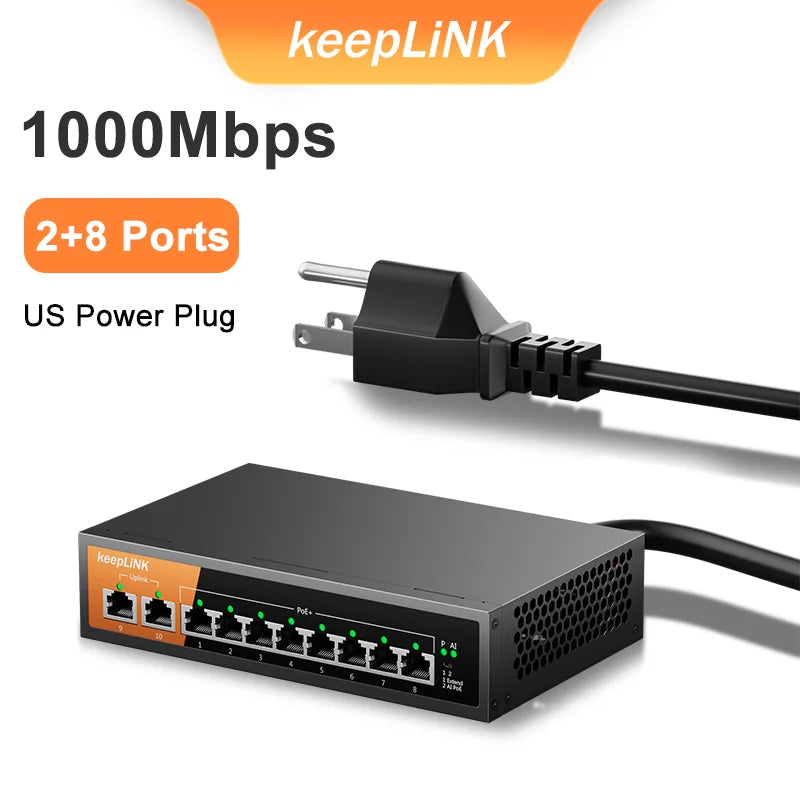 Switch Gigabit PoE KeepLiNK 10 Portas Fanless - 8 PoE+ 2 Uplink IEEE 802.3af/at 135W VLAN Câmeras IP