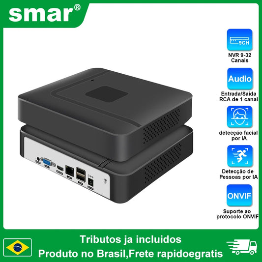 NVR SMAR H.265 - 8/16/32 Canais - Suporta Câmeras 4K 8MP - Detecção Facial - Onvif