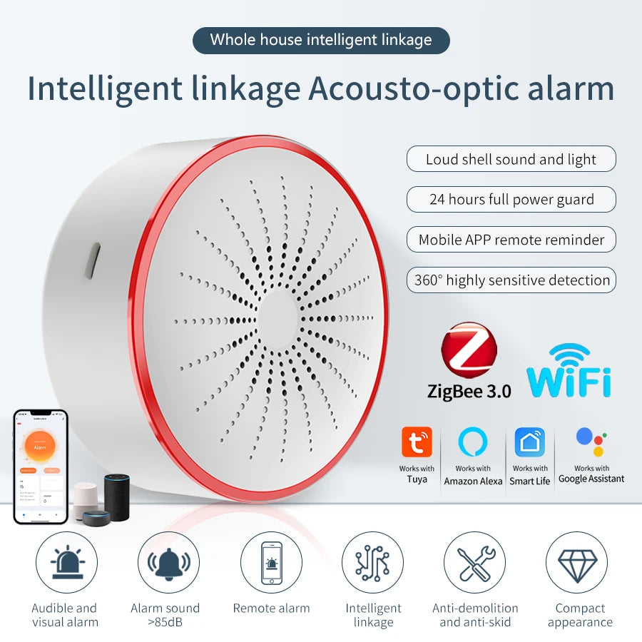 Tuya wifi zigbee sirene sem fio ligado inteligente som-luz alarme chifre detector agarrado emits instantâneo som-luz alarme app contr