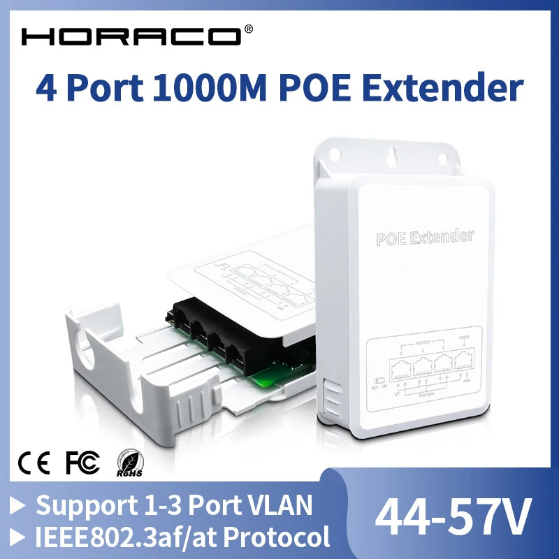 Repetidor PoE Gigabit HORACO 4 Portas À Prova de Chuva POE013G-FS - IEEE 802.3af/at VLAN 44-57V 30W Externo