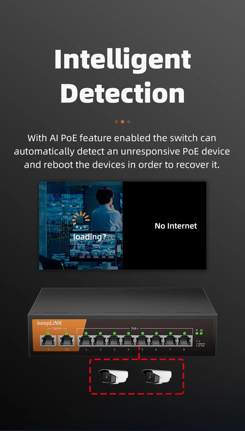 Switch Fast Ethernet PoE KeepLiNK 10 Portas Fanless - 8 PoE+ 2 Uplink IEEE 802.3af/at 135W 10/100Mbps