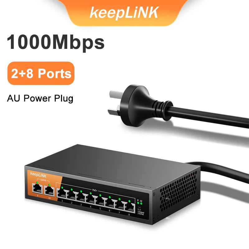 Switch Gigabit PoE KeepLiNK 10 Portas Fanless - 8 PoE+ 2 Uplink IEEE 802.3af/at 135W VLAN Câmeras IP