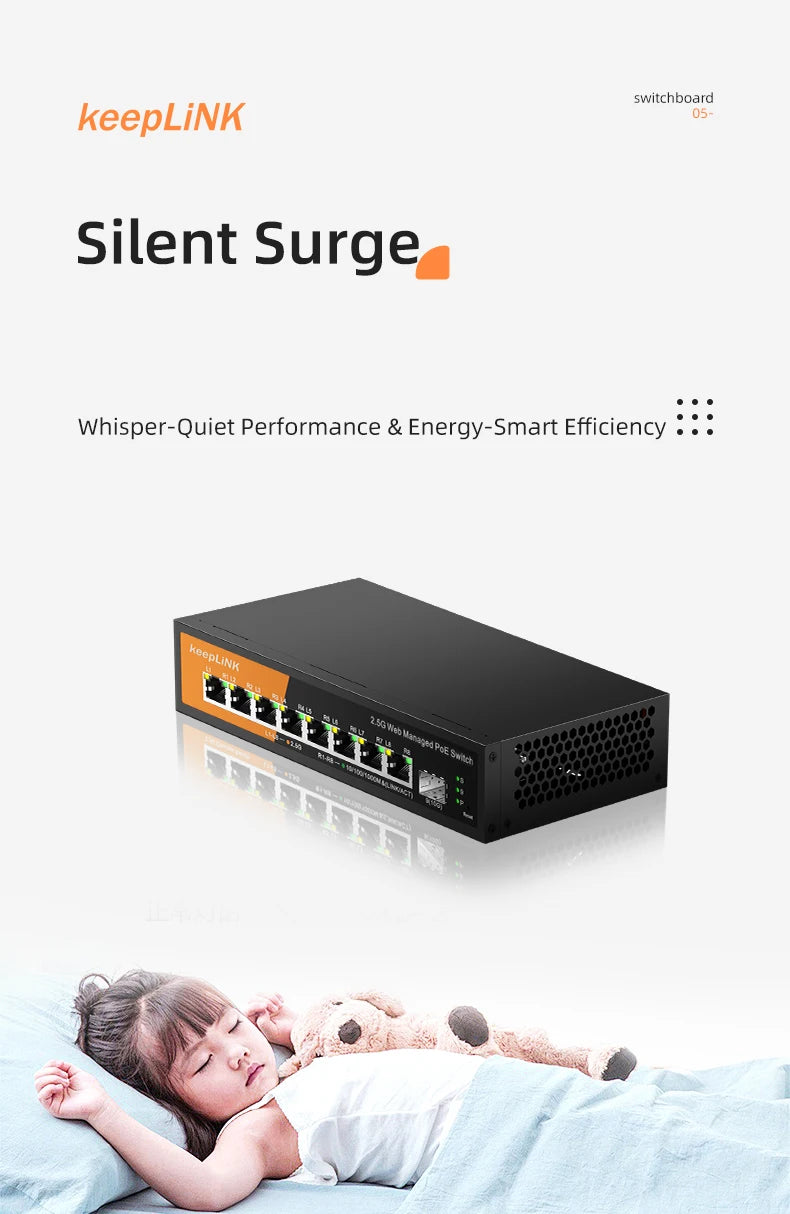 Switch Gerenciado KeepLiNK KP-9000 PoE+ 9 Portas 8x 2.5Gb PoE 130W + 1x 10Gb SFP+ Web Managed VLAN QoS - KeepLiNK