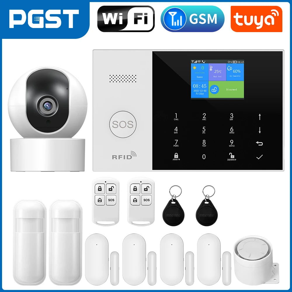 Pgst residencial tuya inteligente gsm wifi sistema de alarme para casa alarme segurança sem fio casa vida inteligente app controle trabalho com alexa