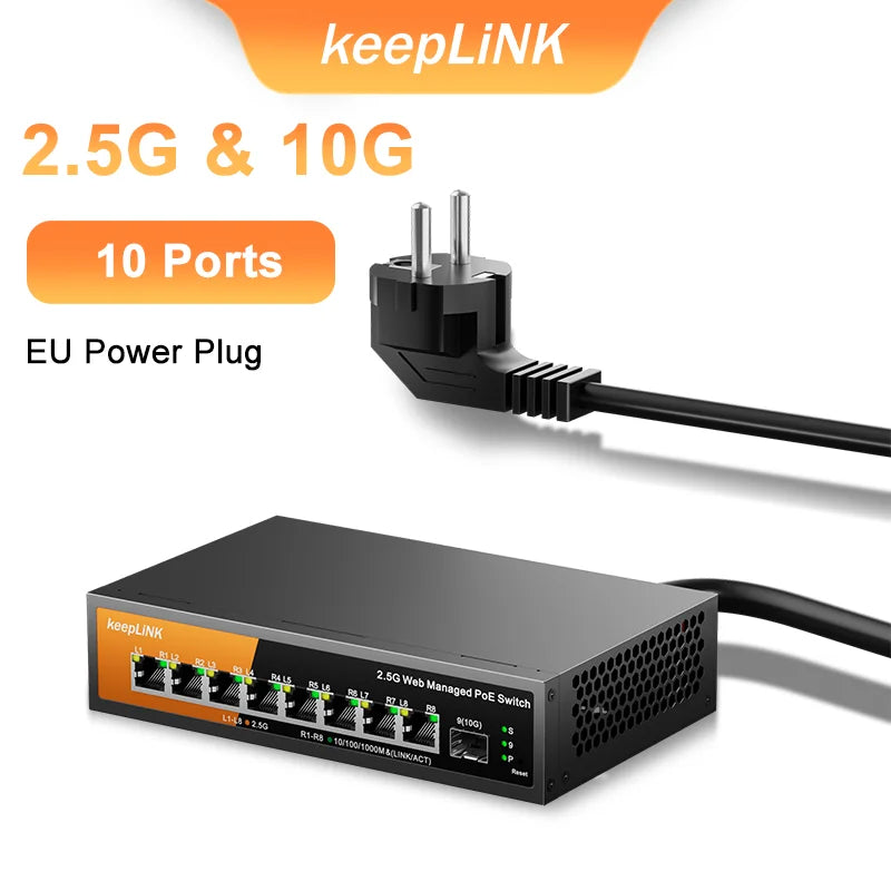 Switch Gerenciado KeepLiNK KP-9000 PoE+ 9 Portas 8x 2.5Gb PoE 130W + 1x 10Gb SFP+ Web Managed VLAN QoS - KeepLiNK