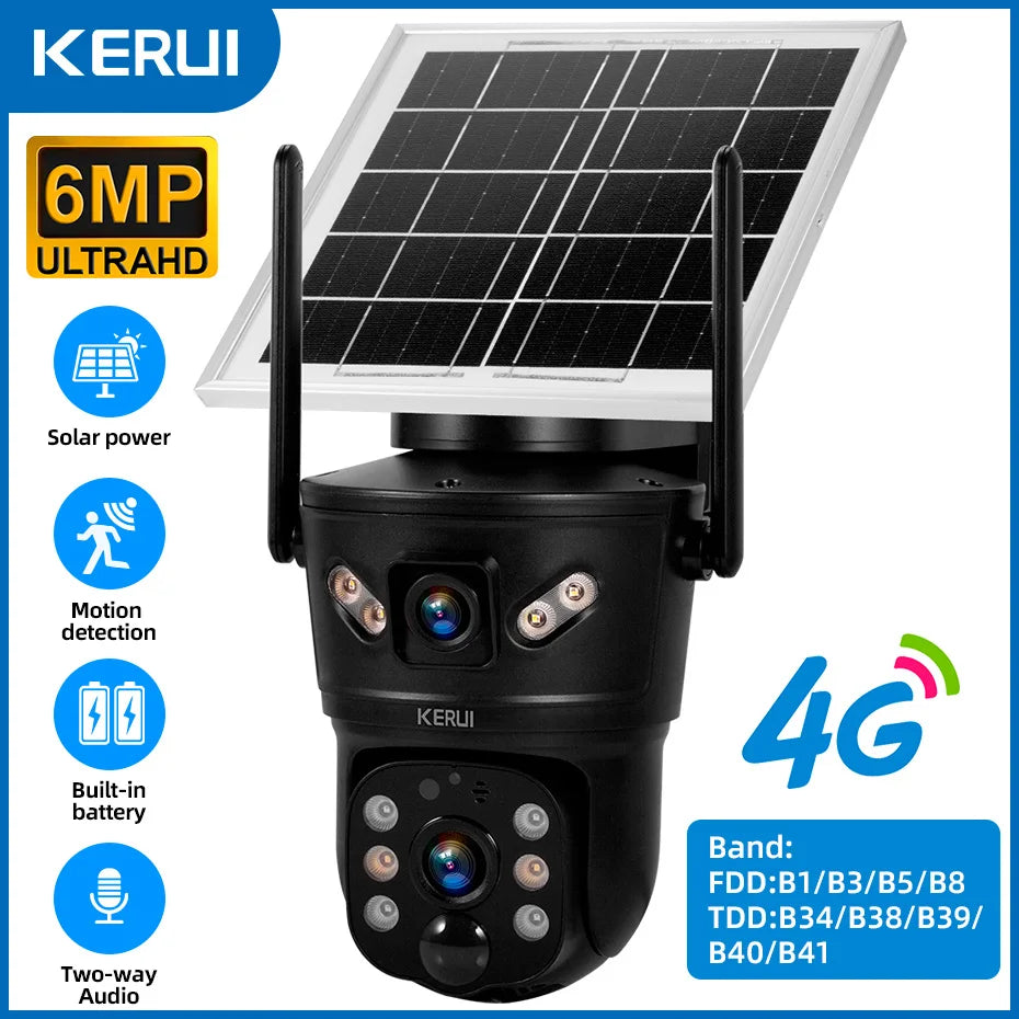 Câmera Solar WiFi/4G 6MP Lente Dupla À Prova D'Água com Painel Solar - Kerui D05