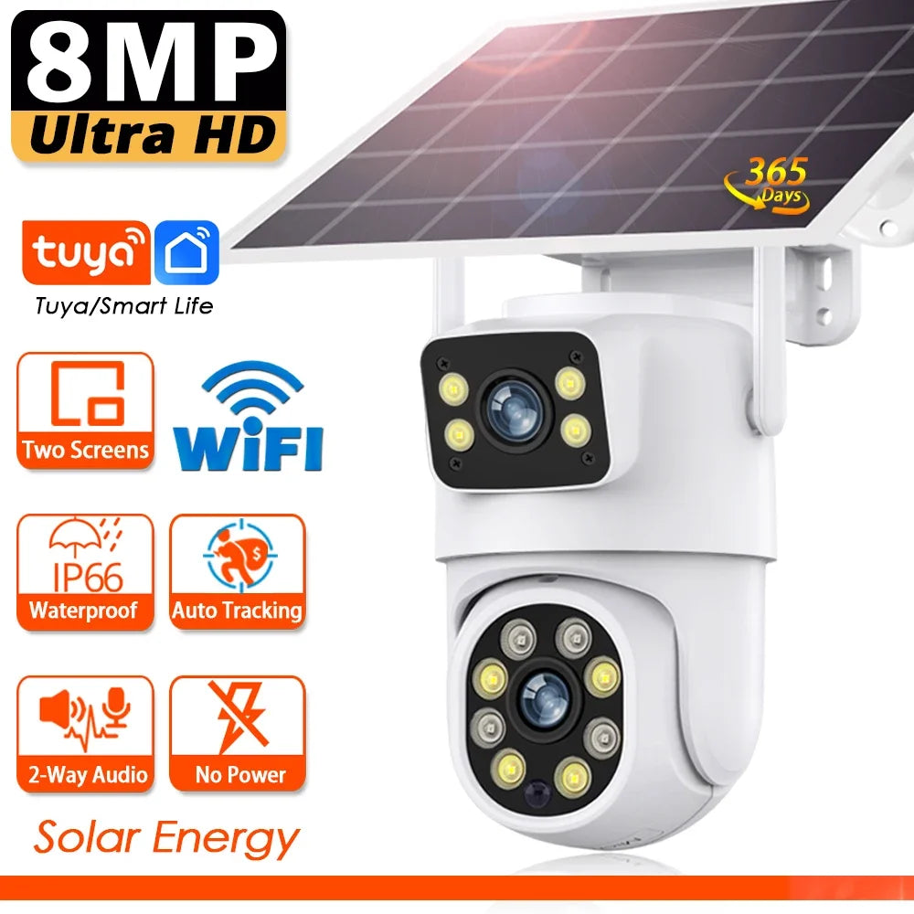 Tuya câmera solar inteligente wifi lente dupla 8mp sem fio ao ar livre câmera de vigilância de vídeo bateria ptz cctv duas telas detecção pir