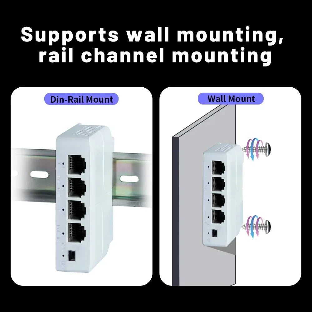 Extensor PoE 4 Portas Gigabit Repetidor IP55 - 100/1000Mbps VLAN 44-57V Externo Câmera Wireless AP
