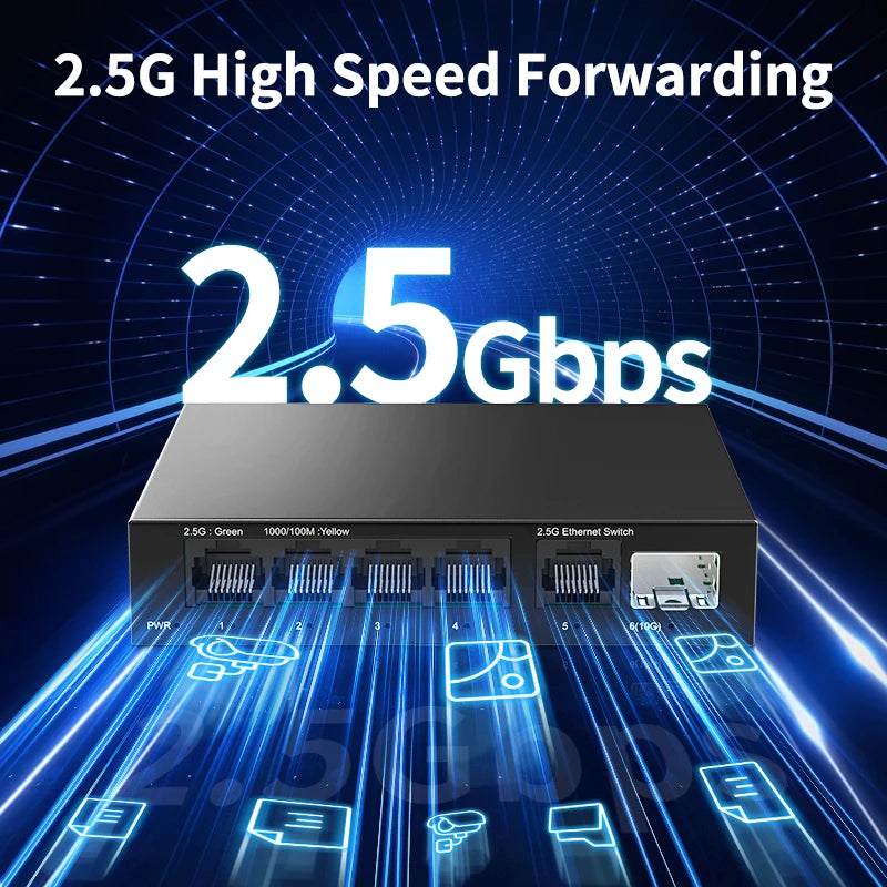 Switch 2.5GbE HORACO 6 Portas - 5x 2.5GBASE-T RJ45 + 1x 10G SFP+ Plug & Play Home Lab NAS