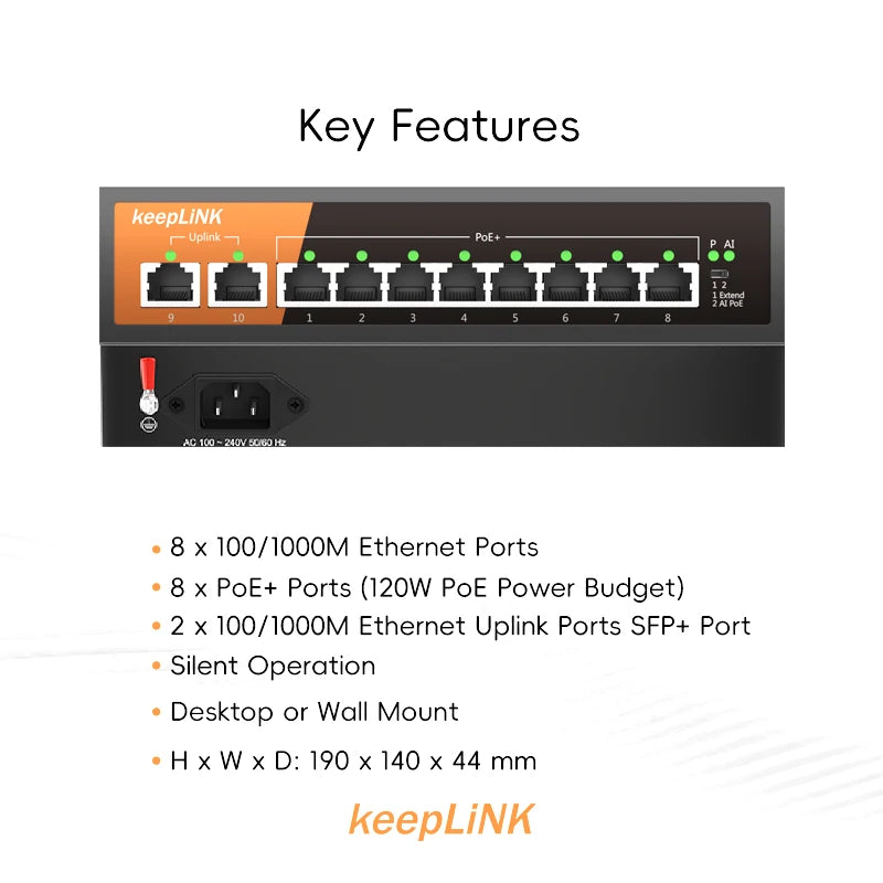 Switch Gigabit PoE KeepLiNK 10 Portas Fanless - 8 PoE+ 2 Uplink IEEE 802.3af/at 135W VLAN Câmeras IP