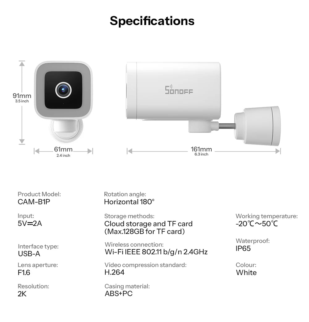 Câmera de Segurança Externa Inteligente SONOFF CAM-B1P 2K HD com Detecção Humana IA IP65 À Prova D'água Rastreamento Inteligente e Visão Noturna Colorida