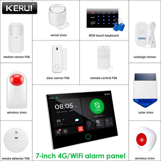 Central de Alarme KERUI G70 Tuya WiFi 4G Tela Touch 7" + Sensor PIR P10 FSK 100 Zonas Sistema Inteligente - KERUI
