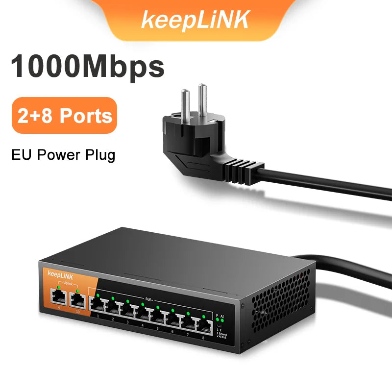 Switch Gigabit PoE KeepLiNK 10 Portas - 8 PoE+ 2 Uplink IEEE 802.3af/at 135W Plug & Play Câmeras IP