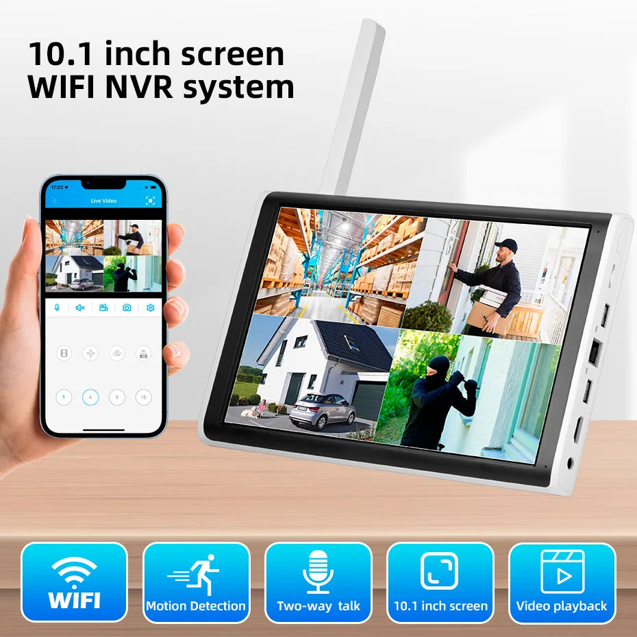 NVR 8 Canais WiFi 4MP/5MP com Tela 10.1" H.265 ONVIF para Câmeras Sem Fio - Kerui N1008L