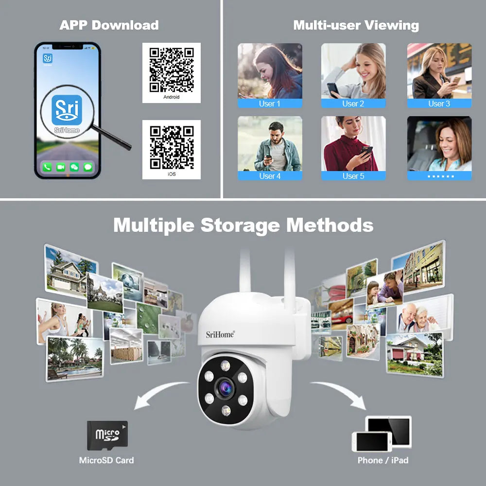 Srihome SH061 Câmera de monitoramento sem fio PTZ AI 1080P Câmera de segurança doméstica Visão noturna Detecção humana Vigilância por vídeo CCTV