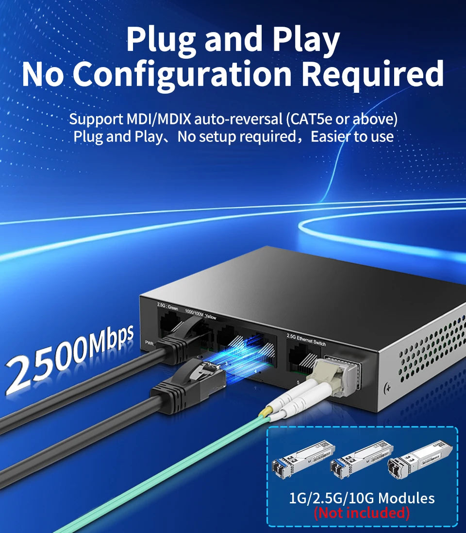 Switch 2.5GbE HORACO 6 Portas - 5x 2.5GBASE-T RJ45 + 1x 10G SFP+ Plug & Play Home Lab NAS