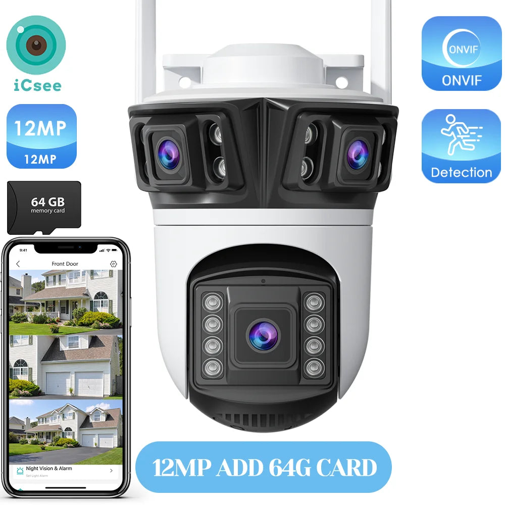 Câmera IP WiFi ZRHUNTER A56 12MP 6K Tripla Lente PTZ Detecção Humana IA Rastreamento Automático Visão Noturna Colorida IP66 App ICSEE - ZRHUNTER