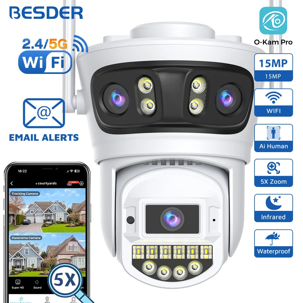 BESDER 15MP Wifi Câmera IP PTZ 10MP Três Tela 180 °   Proteção de segurança CCTV de 8MP com rastreamento automático externo grande angular O-Kam Pro