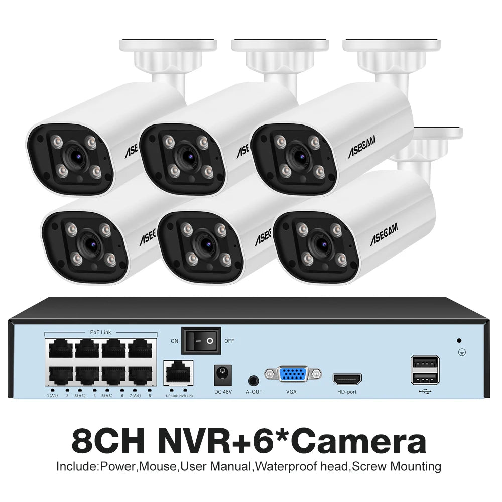 Kit Câmera de Segurança 8MP 4K com NVR 8 Canais Detecção Humana IA Áudio Visão Noturna Colorida IP67 - ASECAM