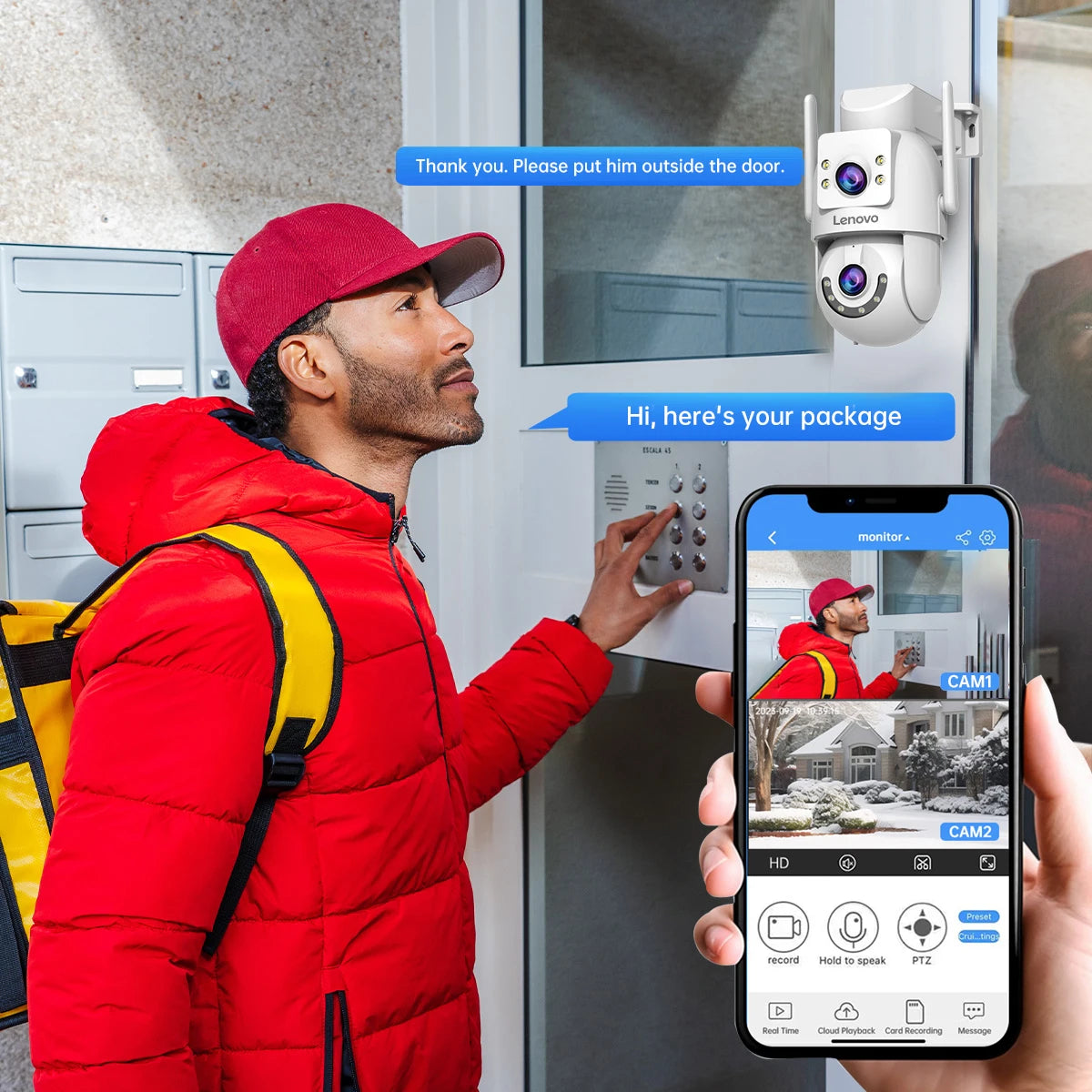 Câmera PTZ Lenovo 6MP - Lente Dupla - WiFi 5G Dual Band - Rastreamento Automático - 360° - Tela - cam720