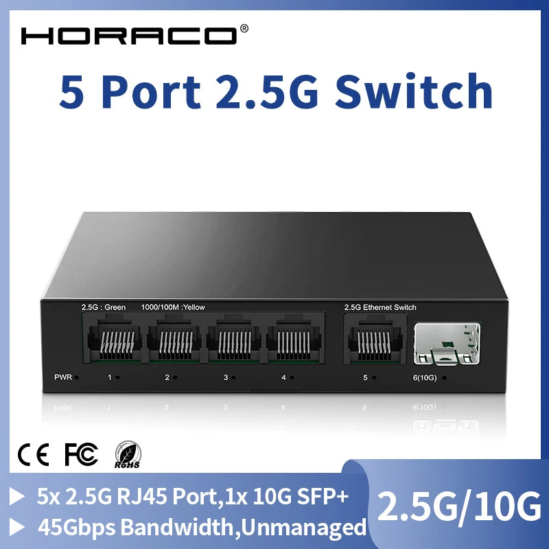 Switch 2.5GbE HORACO 6 Portas - 5x 2.5GBASE-T RJ45 + 1x 10G SFP+ Plug & Play Home Lab NAS