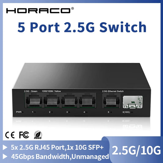 Switch 2.5GbE HORACO 6 Portas - 5x 2.5GBASE-T RJ45 + 1x 10G SFP+ Plug & Play Home Lab NAS