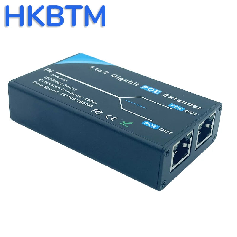 Extensor PoE Gigabit HKBTM 2 Portas - IEEE 802.3af/at PoE+ 10/100/1000Mbps Repetidor 100m Câmera IP