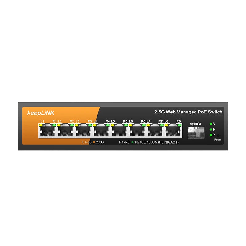 Switch Gerenciado KeepLiNK KP-9000 PoE+ 9 Portas 8x 2.5Gb PoE 130W + 1x 10Gb SFP+ Web Managed VLAN QoS - KeepLiNK
