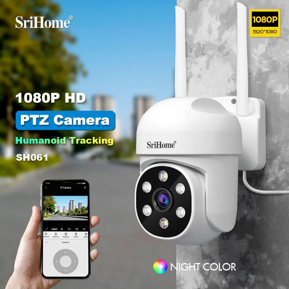Srihome SH061 Câmera de monitoramento sem fio PTZ AI 1080P Câmera de segurança doméstica Visão noturna Detecção humana Vigilância por vídeo CCTV