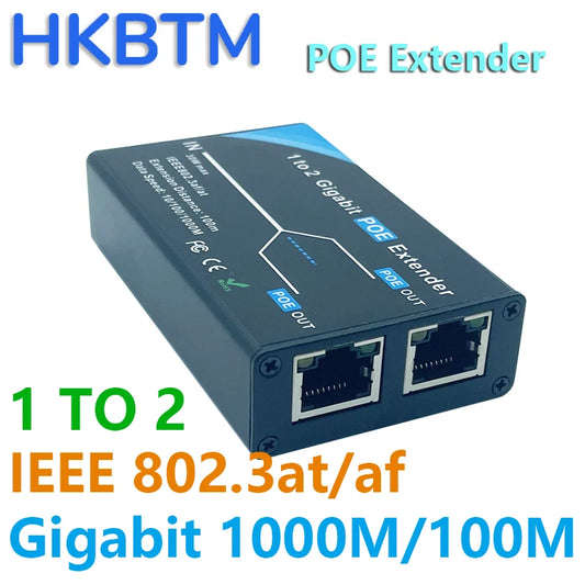 Extensor PoE Gigabit HKBTM 2 Portas - IEEE 802.3af/at PoE+ 10/100/1000Mbps Repetidor 100m Rede Câmeras