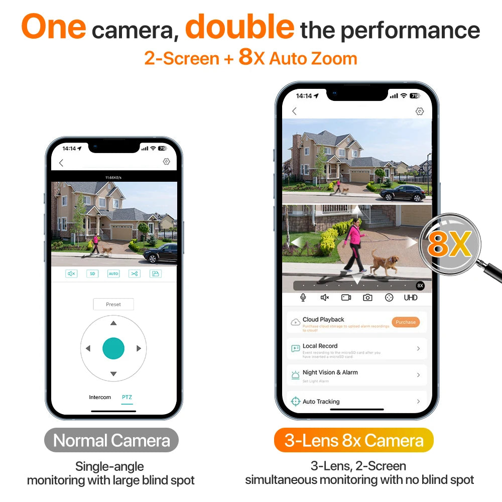 Câmera IP Wonsdar 6K 9MP WiFi - Três Lentes - PTZ 8x Zoom - Tela Dupla - Visão Noturna Colorida - iCSee