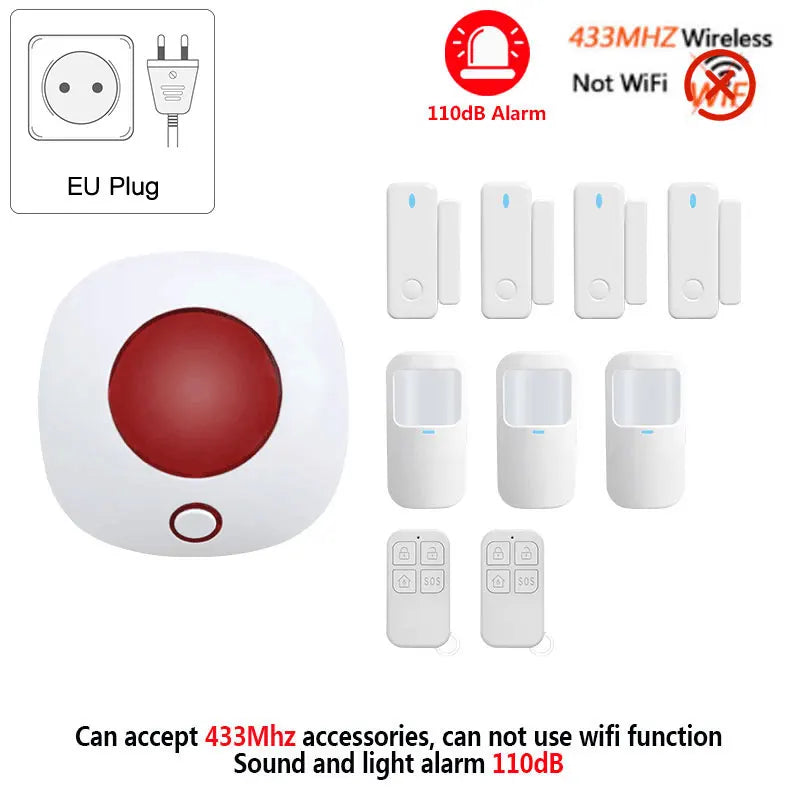 Sirene sem fio interna 433mhz, sistema de alarme de segurança doméstica autônomo, alto decibel, 110db, som, luz estroboscópica, alto-falante