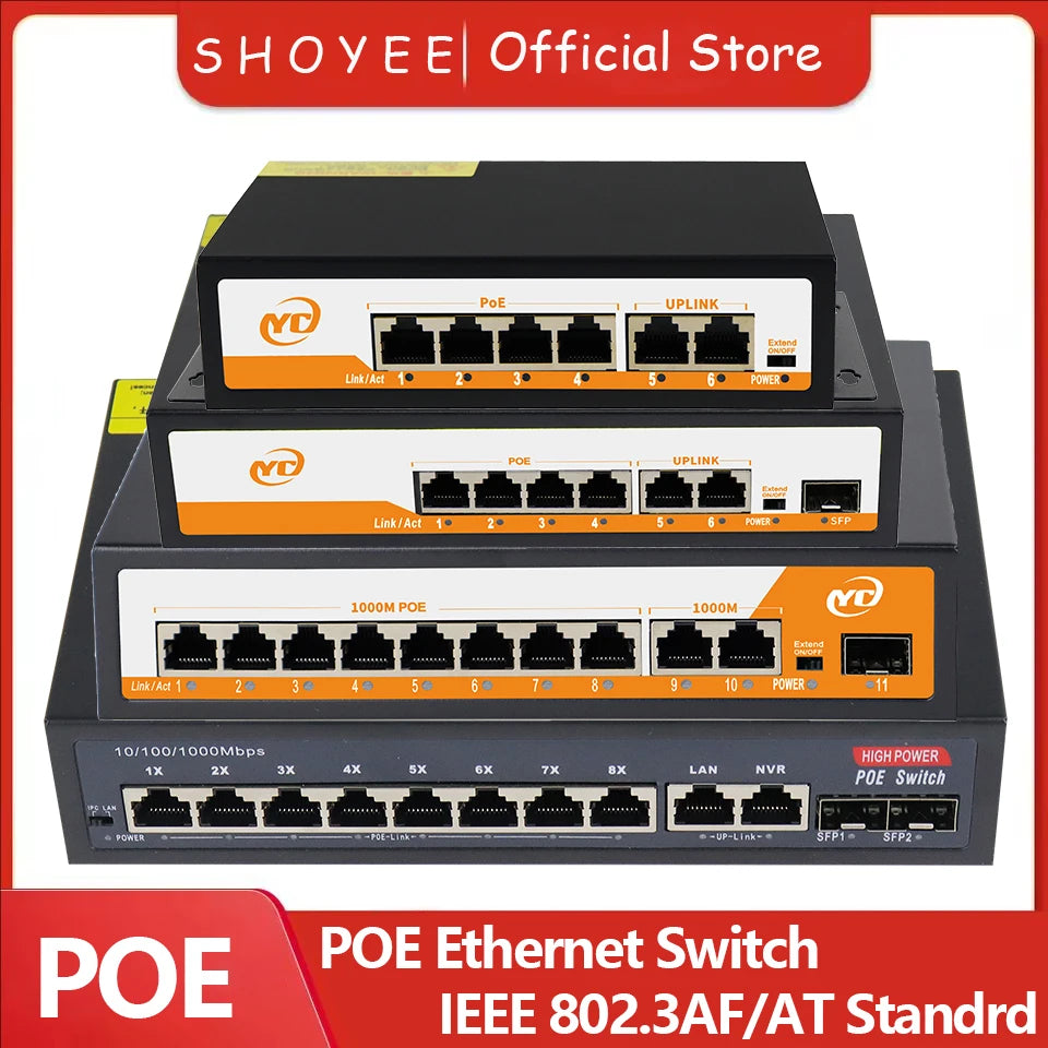 Switch PoE SHOYEE RJ45 + SFP 48V - IEEE 802.3af/at Uplink Plug & Play Câmera IP NVR Compacto